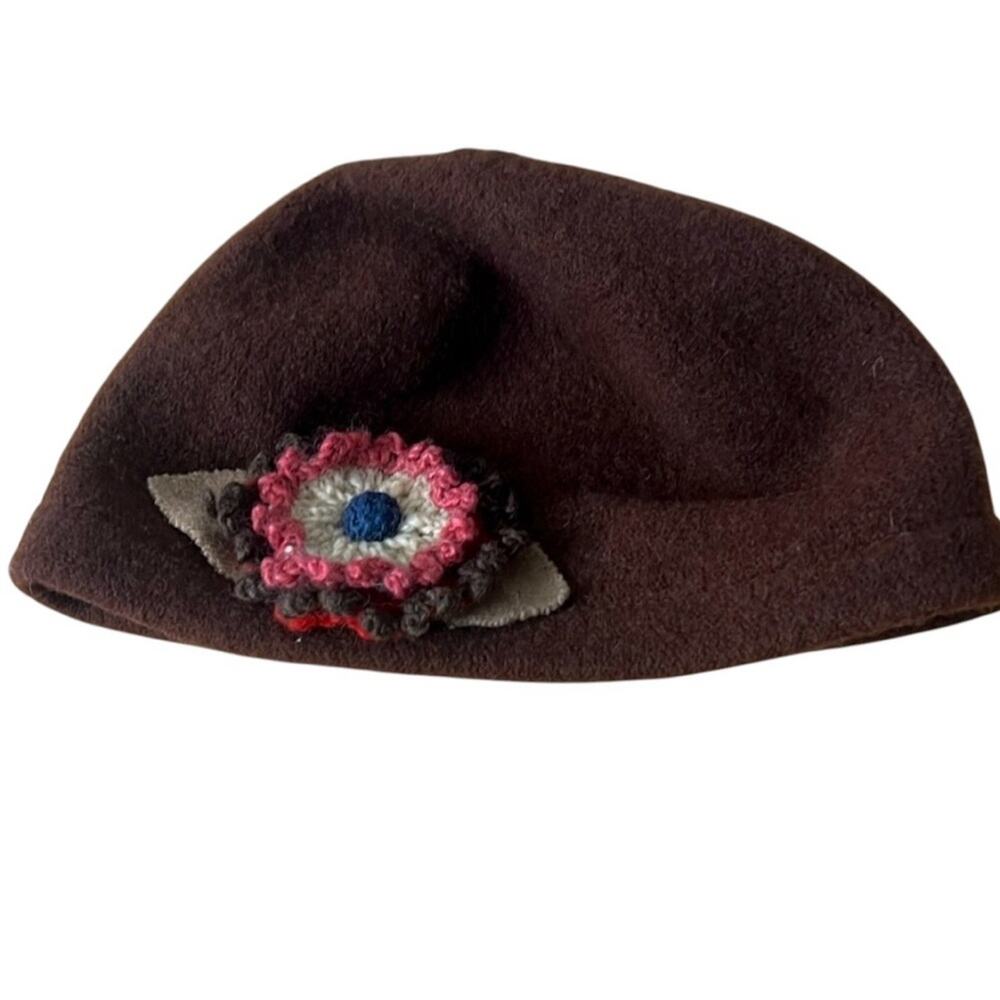 Toucan Wool Beanie Cap brown Felted Wool,  Pink Crochet Flower Boho Cottagecore